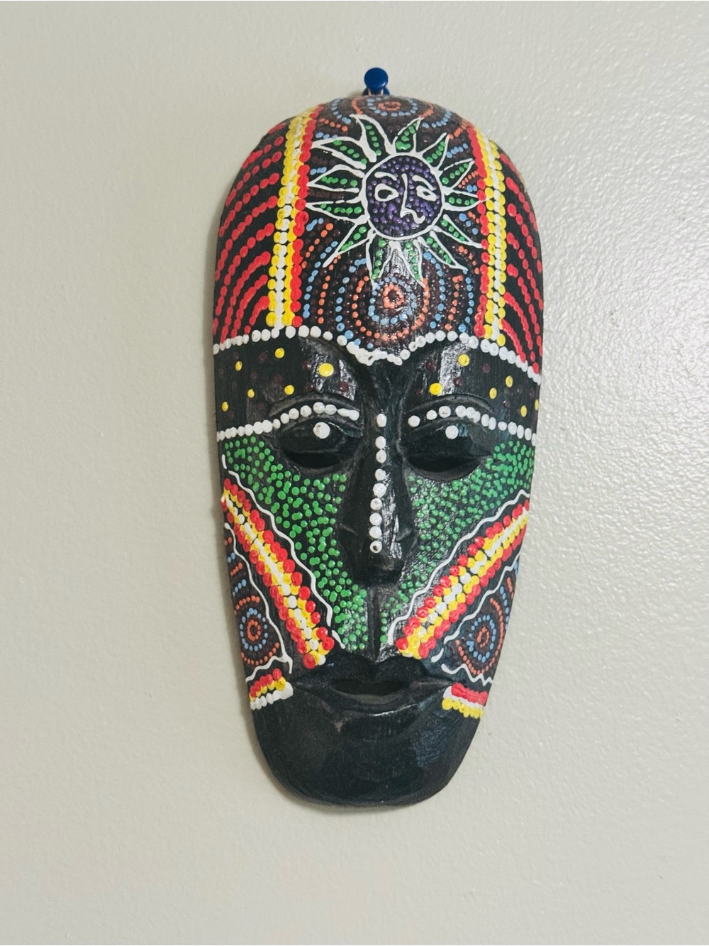Hand-Painted Tribal Wall Mask in Black, Green, Red and Yellow